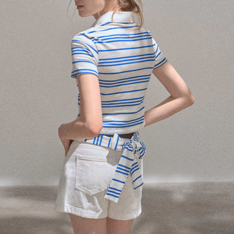 Miu Style Preppy Blue and White Stripesd Polo Shirt Short-Sleeved T-Shirt Women's Summer Design Waist Slimming Look Right Shoulder Top