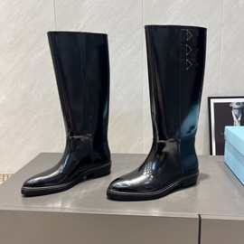 网红粗跟长筒靴女秋冬不过膝高筒靴百搭皮靴半筒高跟显瘦马靴大码