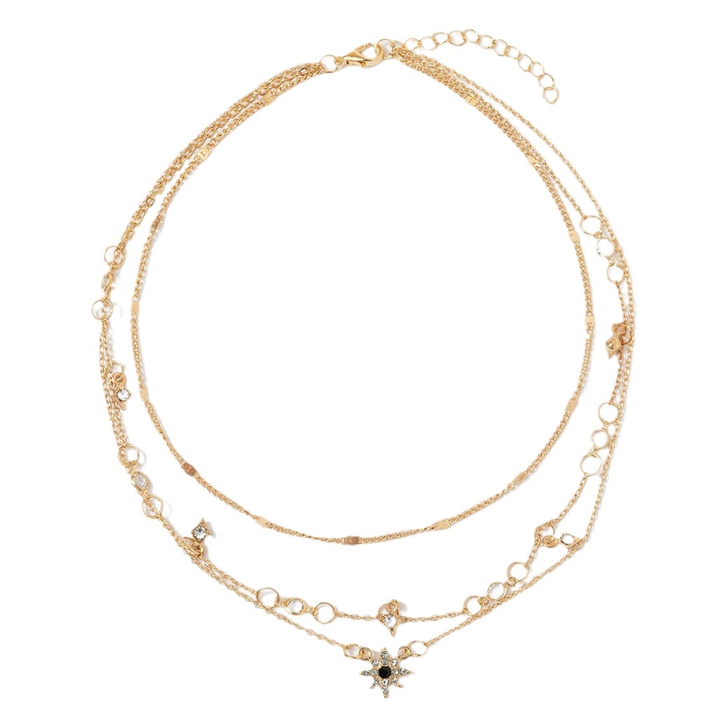 Nuevo colgante de estrella de cinco puntas hecho a mano transfronterizo europeo y americano creativo retro simple estrella de ocho puntas collar de tres capas fábrica al por mayor