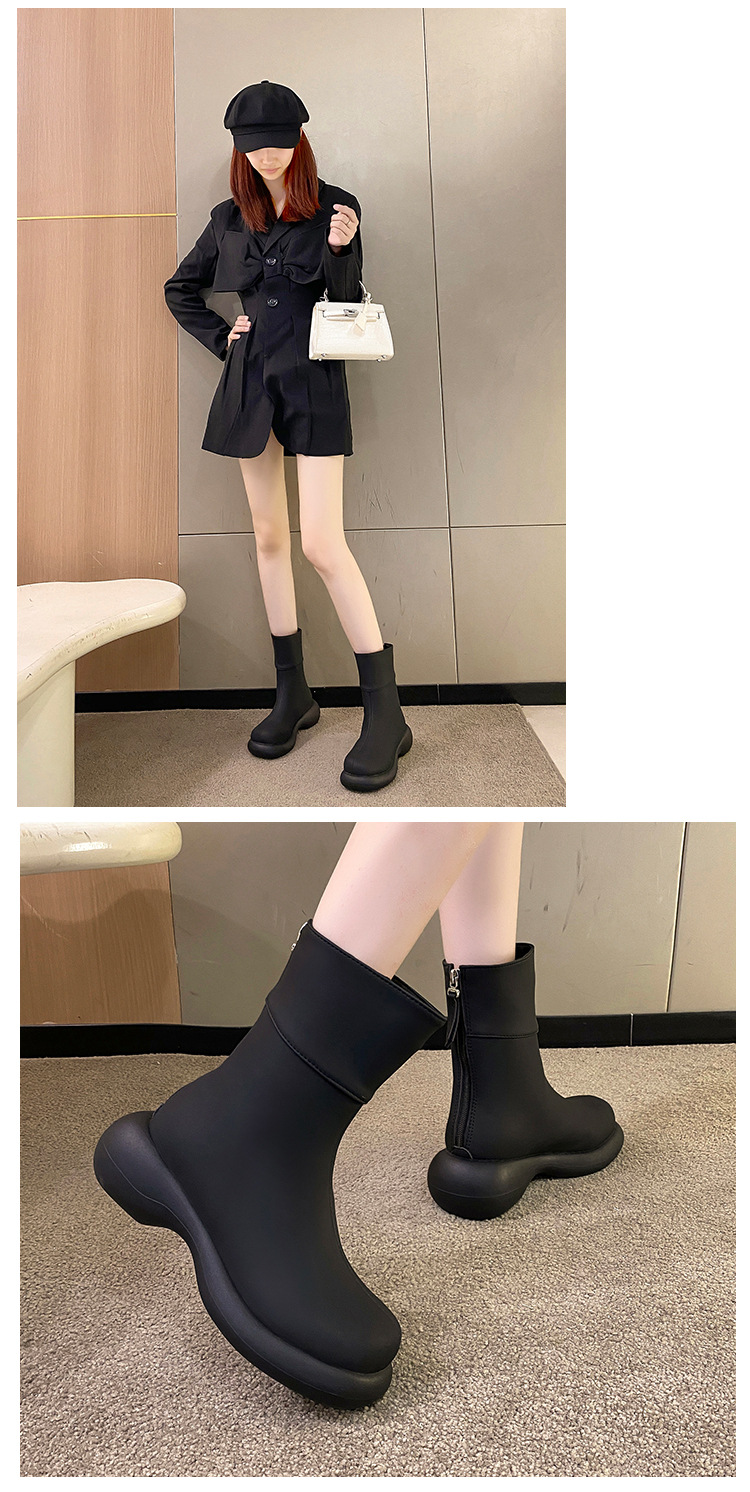Round-toe short boots, feminine, slim boots that show longer legs, 2023 autumn and winter new style, versatile thick-soled back zipper boots_voghion.com