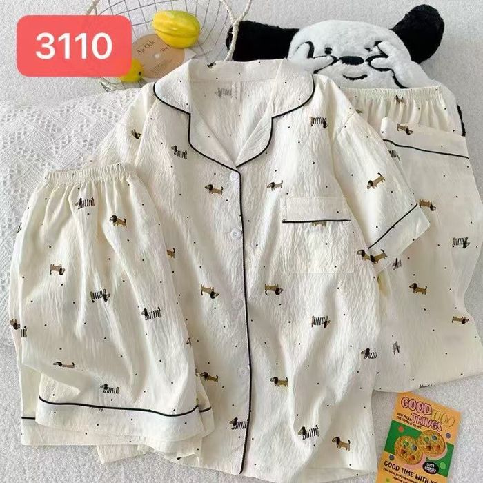 Comercio exterior nube transfronteriza algodón de tres piezas pantalones cortos de manga corta pantalones pijamas de verano ropa a domicilio rebeca de dibujos animados solapa