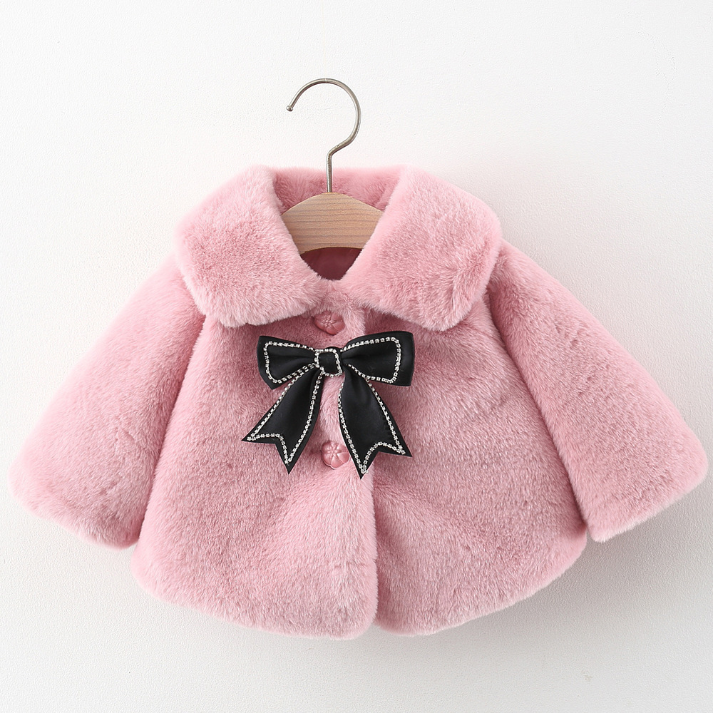 Autumn and winter new children's clothing solid color rabbit with black bow fur lapel, girls' shawl_voghion.com