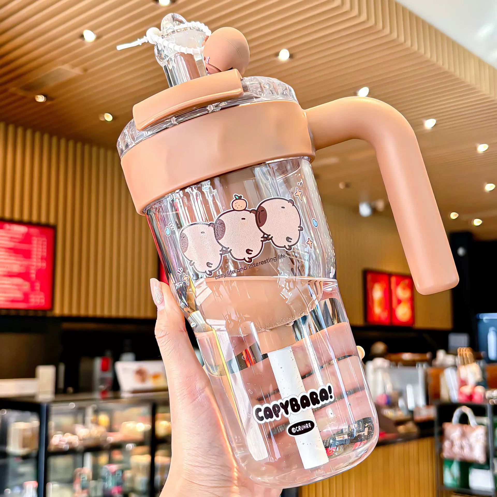 High quality cartoon plastic capacious tea cup, handle, straw, glass