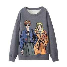 外贸2024秋季新款女装百搭女孩印花圆领套头长袖宽松T恤卫衣