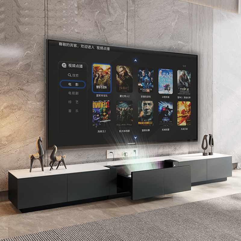 Gabinete de TV láser proyector oculto retráctil eléctrico luz especial piso de lujo gabinete de TV simple Placa de roca gabinete de piso