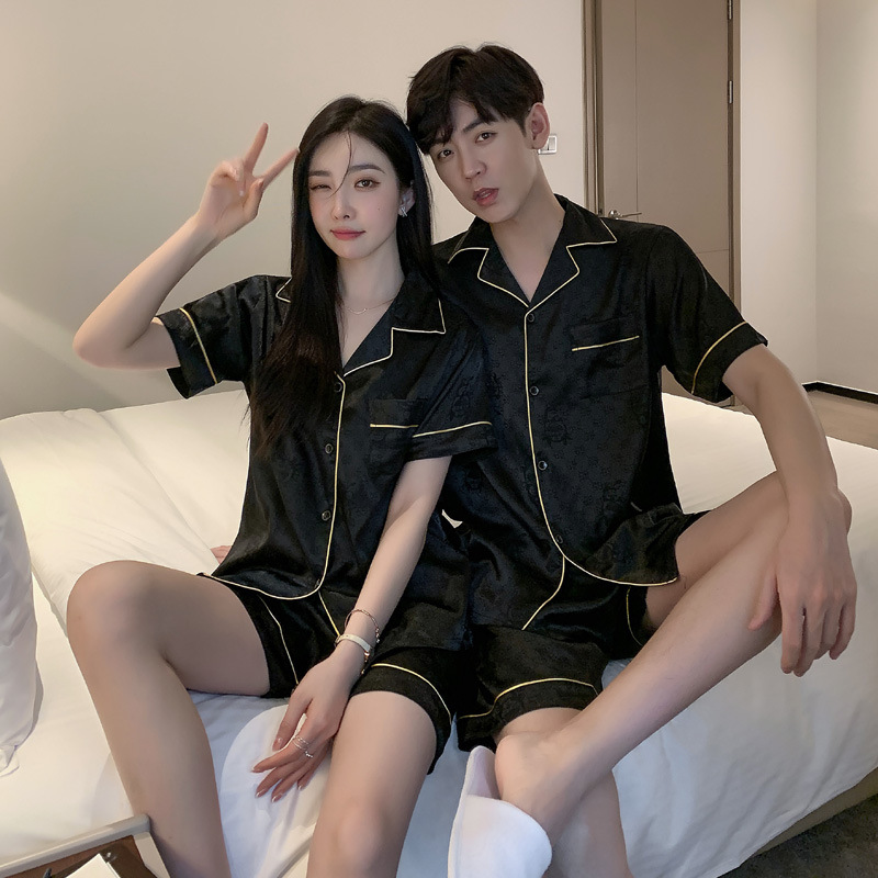 Pijamas de mujer de verano de seda de hielo de manga corta delgada de seda real de alto grado pata de gallo desgaste del hogar traje de hombre