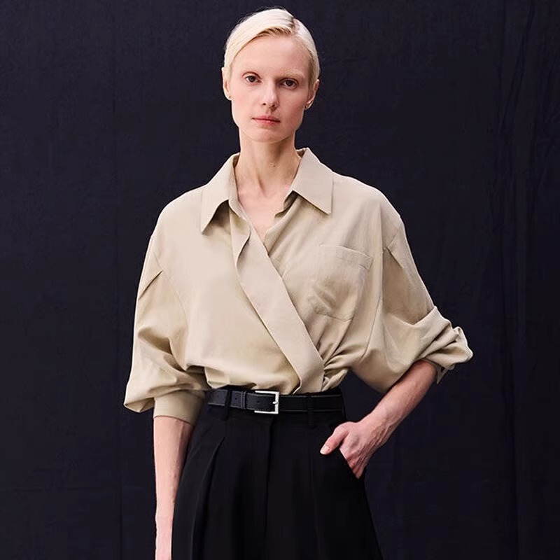 Korean Niche Designer Shirt Women's Tops 2025 Spring and Autum New Loose Asymmetrical White Long-Sleeved Shirt