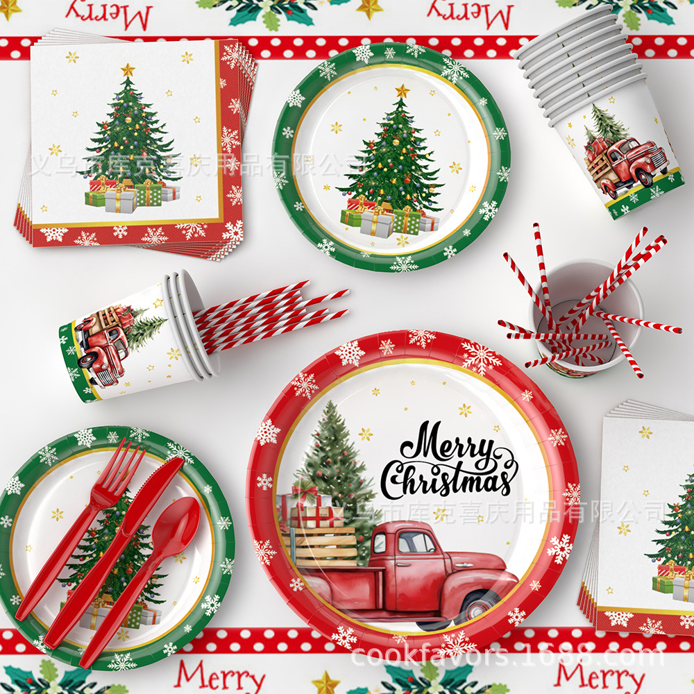 Nuevos artículos de decoración de vajilla de fiesta de Navidad, bandeja de papel de árbol de Navidad desechable, taza de papel, juego de mantel de bandera