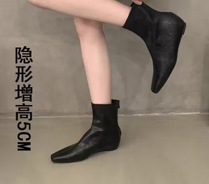内增高短靴女靴2025秋冬季新款韩版简约短筒靴后拉链方头时装靴女|undefined