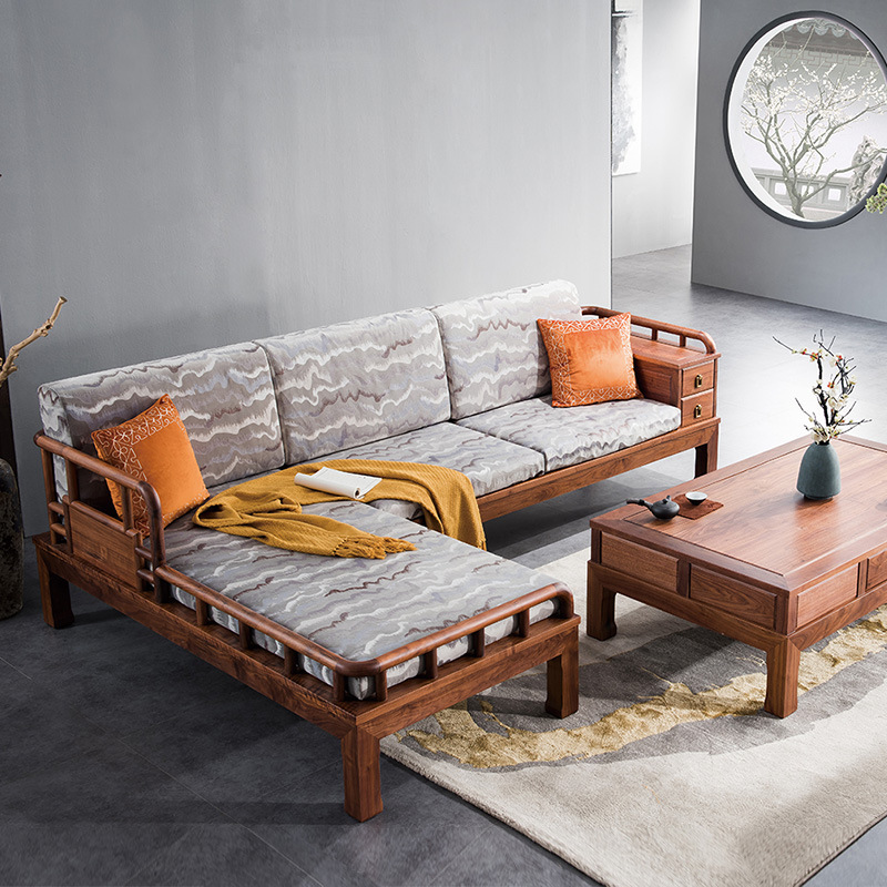 North American Black Walnut New Chinese Style Furniture Chinese Chaise Sofa Solid Wood Living Room Combination Fabric Sofa