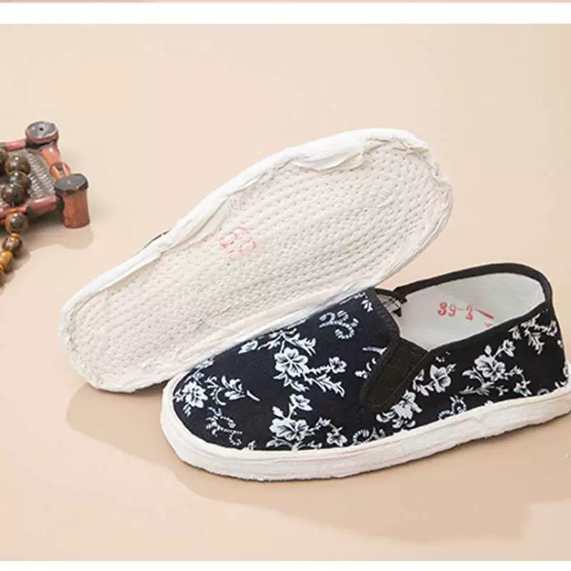 Популярные тонкие ультрамягкие дышащие нескользящие домашние туфли без шнуровки на мягкой подошве с цветочным принтом, старая северная тканевая обувь, сложенная вручную