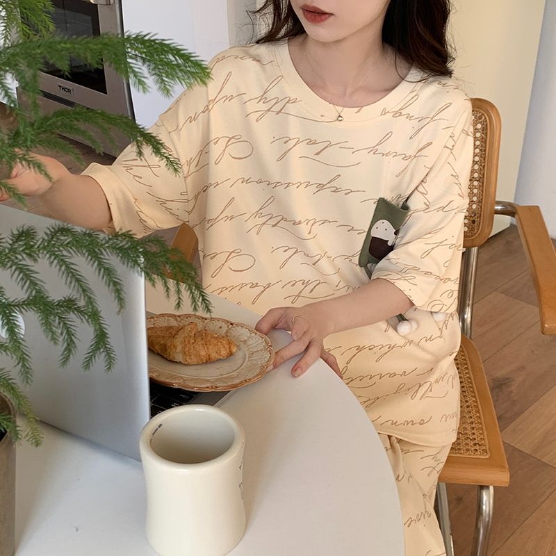 Pijamas de mujer de manga corta de algodón de imitación de verano al por mayor transfronterizo, trajes de pantalones lindos, ropa de hogar de celebridades de Internet con cuello redondo en vivo