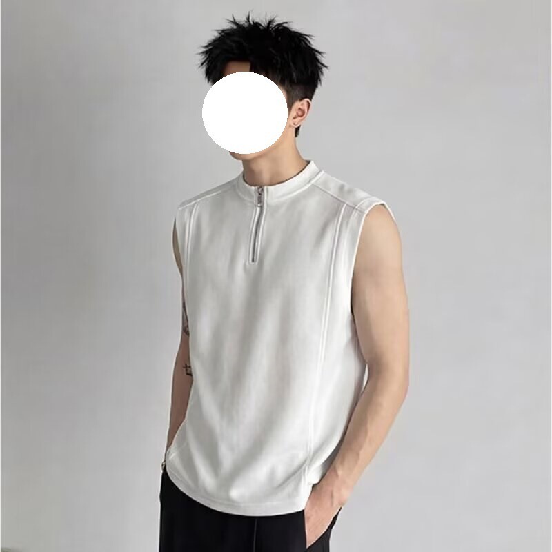 American-style half-zip vest for men, summer trendy, stylish and loose-fitting sleeveless T-shirt, suitable for sports and casual wear