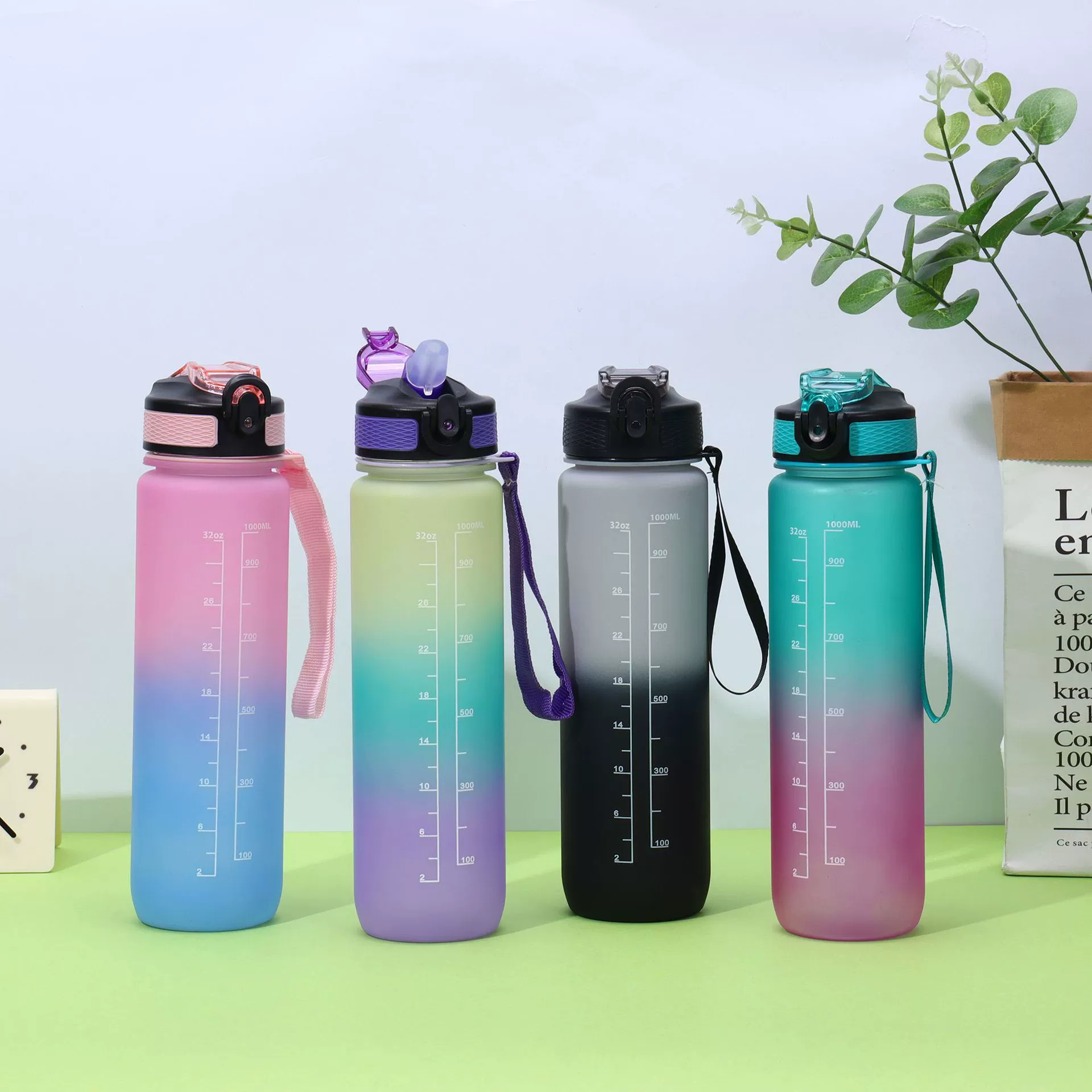 Handheld capacious plastic summer glass for water with glass, gradient