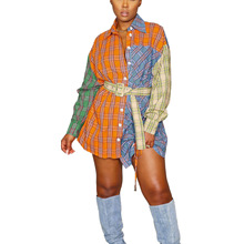 HY5340 新款欧美女装速卖通独立站撞色格纹通勤衬衫连衣裙