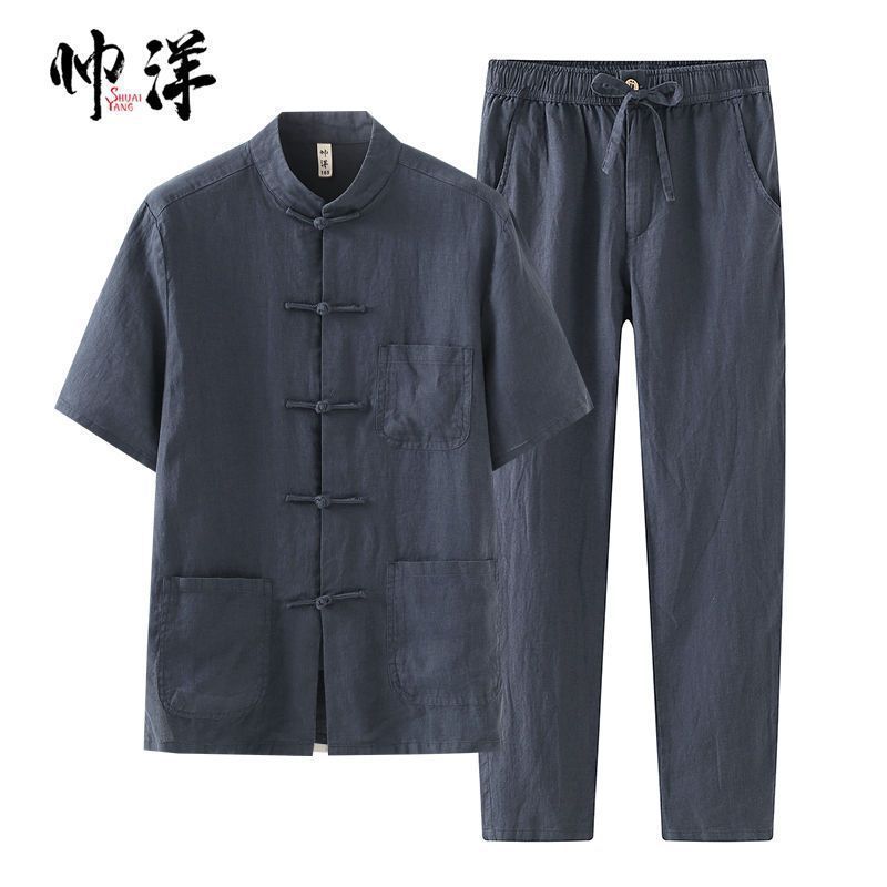 Traje Tang de lino puro traje de verano para hombre estilo chino retro juvenil fino color sólido mejorado casual hebilla Hanfu