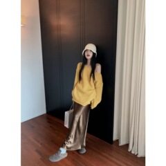 实拍#慵懒风宽松毛衣圆领开叉针织上衣+缎面丝滑鱼尾半身裙套装女