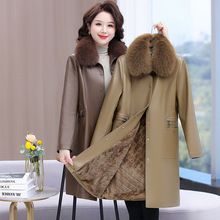 中年妈妈冬季时尚一体绒PU皮大衣女士冬装洋气中长款加绒皮衣外套