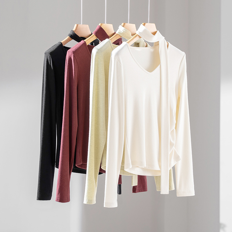 Special Offer, No Returns or Exchanges! Stylish Design with Ribbons, Slim-Fit Inner Layering Top for Women, Side Ruching, Waist-Cinching, Slimming Knit Top