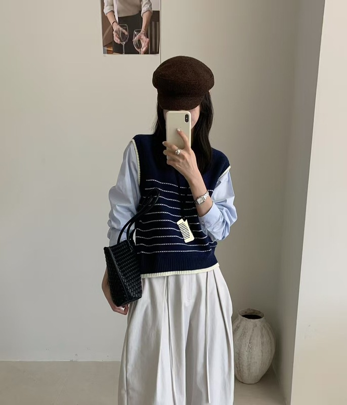苏珊 韩系复古条纹假两件针织衫女2025秋冬季新款款式上衣27056|undefined