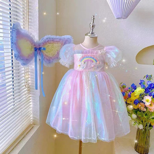 Summer Dress for Girls 2024 New Children's Trendy Rainbow Butterfly Wing Princess Dress Birthday Formal Wear