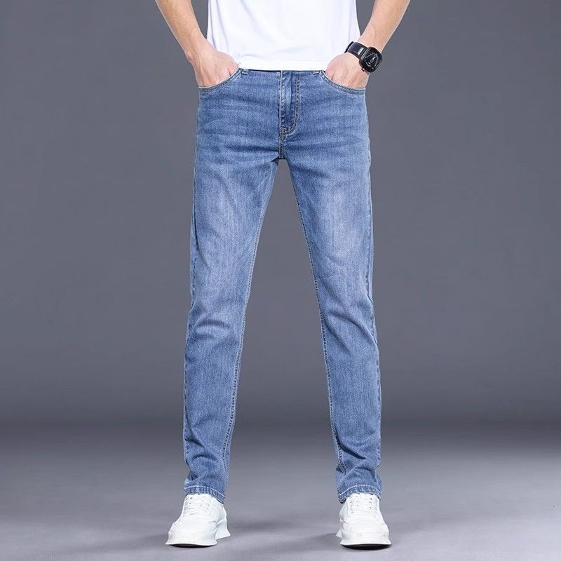 High-End New Blue Ice Silk Jeans Men's Summer Thin Slim Straight Pants Trendy Elastic Cross-Border