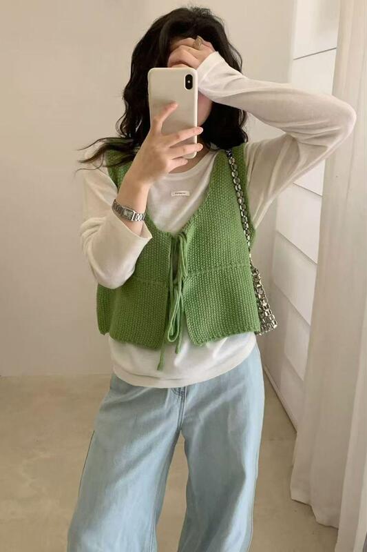 Korean Style Front-Tie V-Neck Knitted Camisole for Women, Early Summer New Style, Loose and Versatile Layering Sweater Vest
