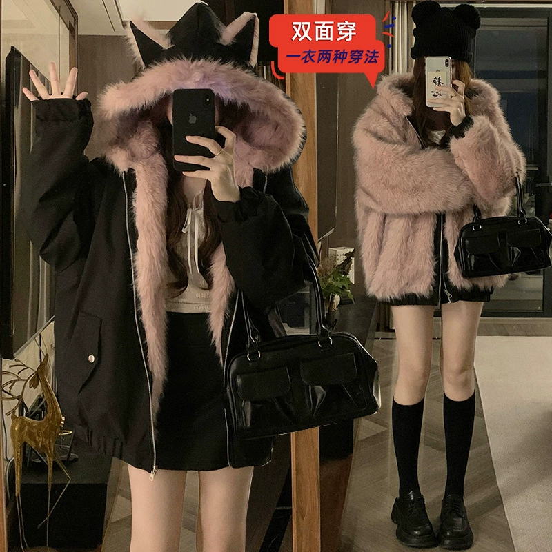 Качественная женская парка двусторонняя, на зиму, свободного кроя, с кошачьими ушками, утепленная, с капюшоном, полностью меховая, из хлопка.