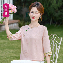 夏季新款妈妈装新中式仿缎面绣花印花短袖上衣气质宽松中老年女装