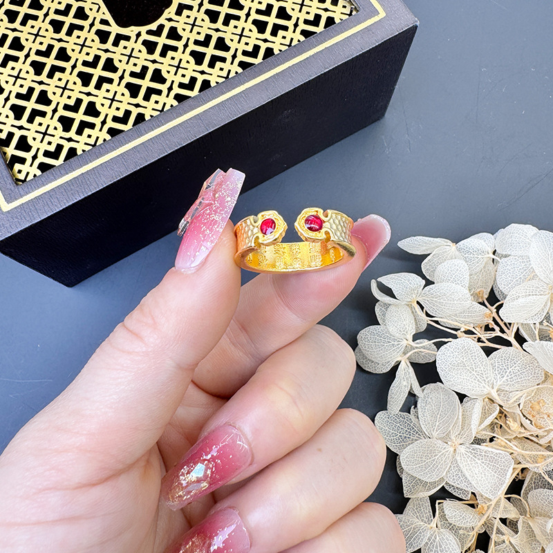 Anillo de oro de arena abierto chino Feng Fu Zi mujer rica y noble Ruyi auspicioso joyas de mano chapadas en oro de cobre retro al por mayor