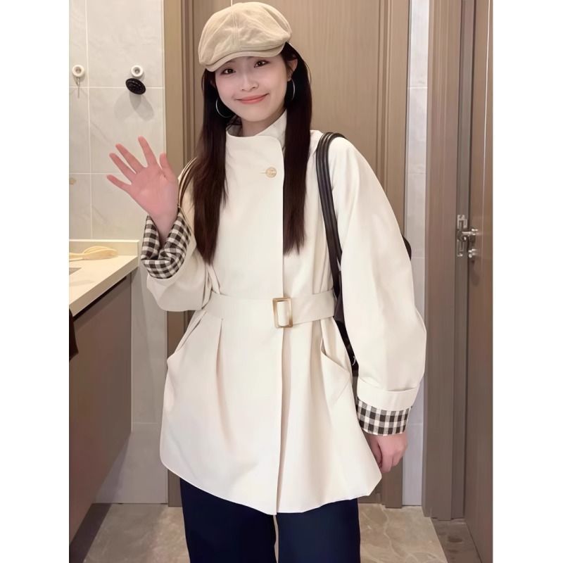 白色立领风衣外套女2025春秋新款中长款小个子感韩系休闲|undefined