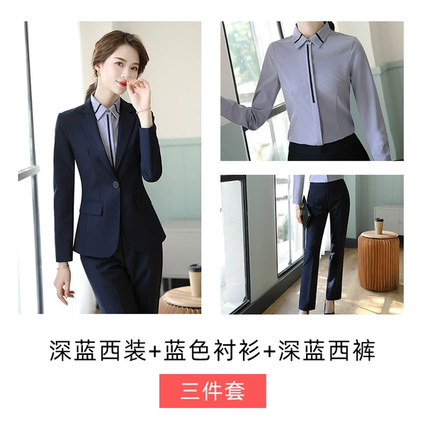 Suit, blue shirt, trousers