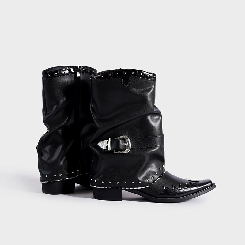 Ботинки Martens ретро, средней высоты с заострённым носком, пряжка и декор‑цепочка, чёрные, 35–40