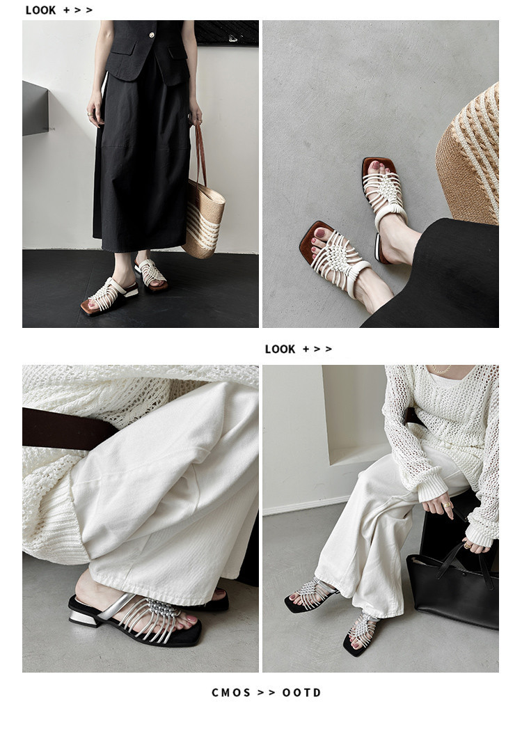 Dép sandal nữ quai chữ V đan tay thoáng khí, đế dày mềm chống trượt — màu be, bạc chi tiết 4