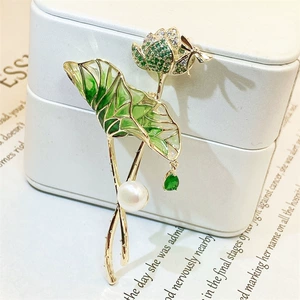 Zircon Lotus Pearl lotus leaf high-end brooch female enamel summer temperament suit coat accessories pin corsage