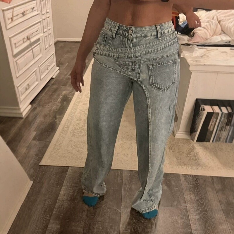 Cross-border European and American double-layer cross-waist wide-leg jeans for women, with irregular fake waistband, loose straight-leg floor-length pants Cross-border European and American double-layer cross-waist wide-leg jeans for women, with irregular fake waistband, loose straight-leg floor-length pants