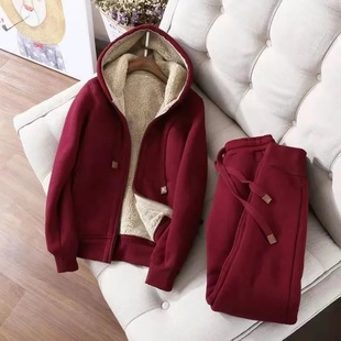 Sports Casual suit Women's Zipper Solid Color Jacket Women's Autumn and Winter Korean Style plus size Student fleece-lined Thickened Hooded suit