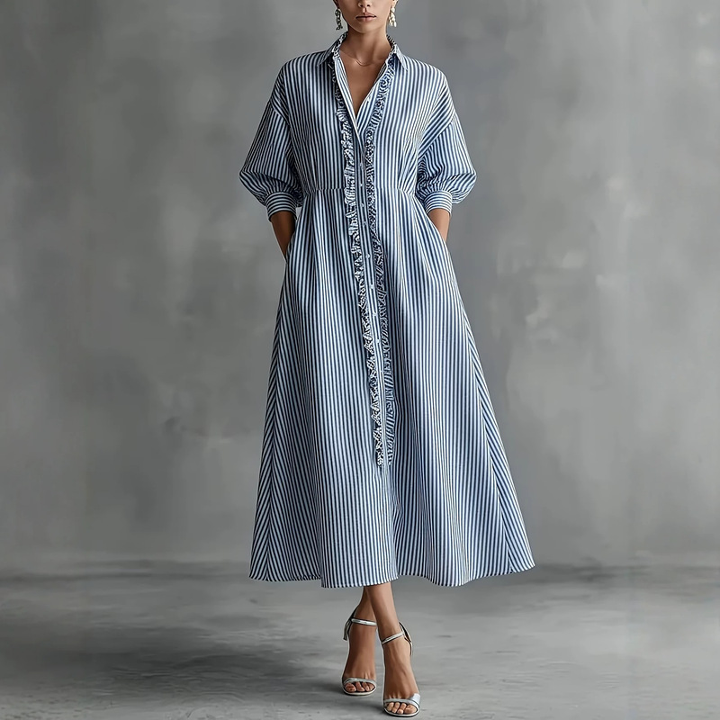 European and American Cross-Border Foreign Trade Women's Clothing, Collared Ruffled Striped Dress, Loose Pocketed Lantern Sleeve Long Shirt Dress European and American Cross-Border Foreign Trade Women's Clothing, Collared Ruffled Striped Dress, Loose Pocketed Lantern Sleeve Long Shirt Dress