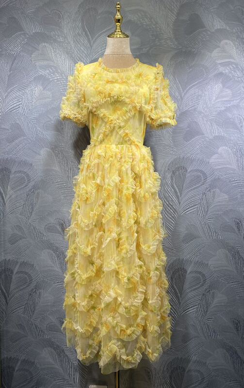 Fengyingying Foreign Trade Women's Clothing 2026 Spring New Collection Round Neck Mesh Short Sleeve Long Dress in Stock Real Photos