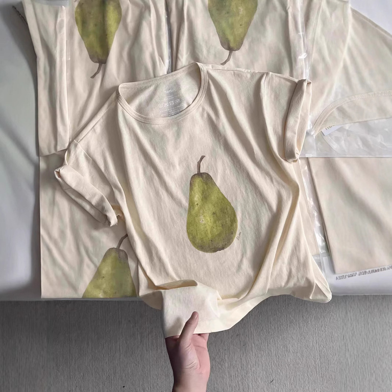 Ready Stock] South Korea Dongdaemun Fletta Retro Hand-Painted Printed Pear Casual Loose Short-Sleeved T-Shirt Tops for Women