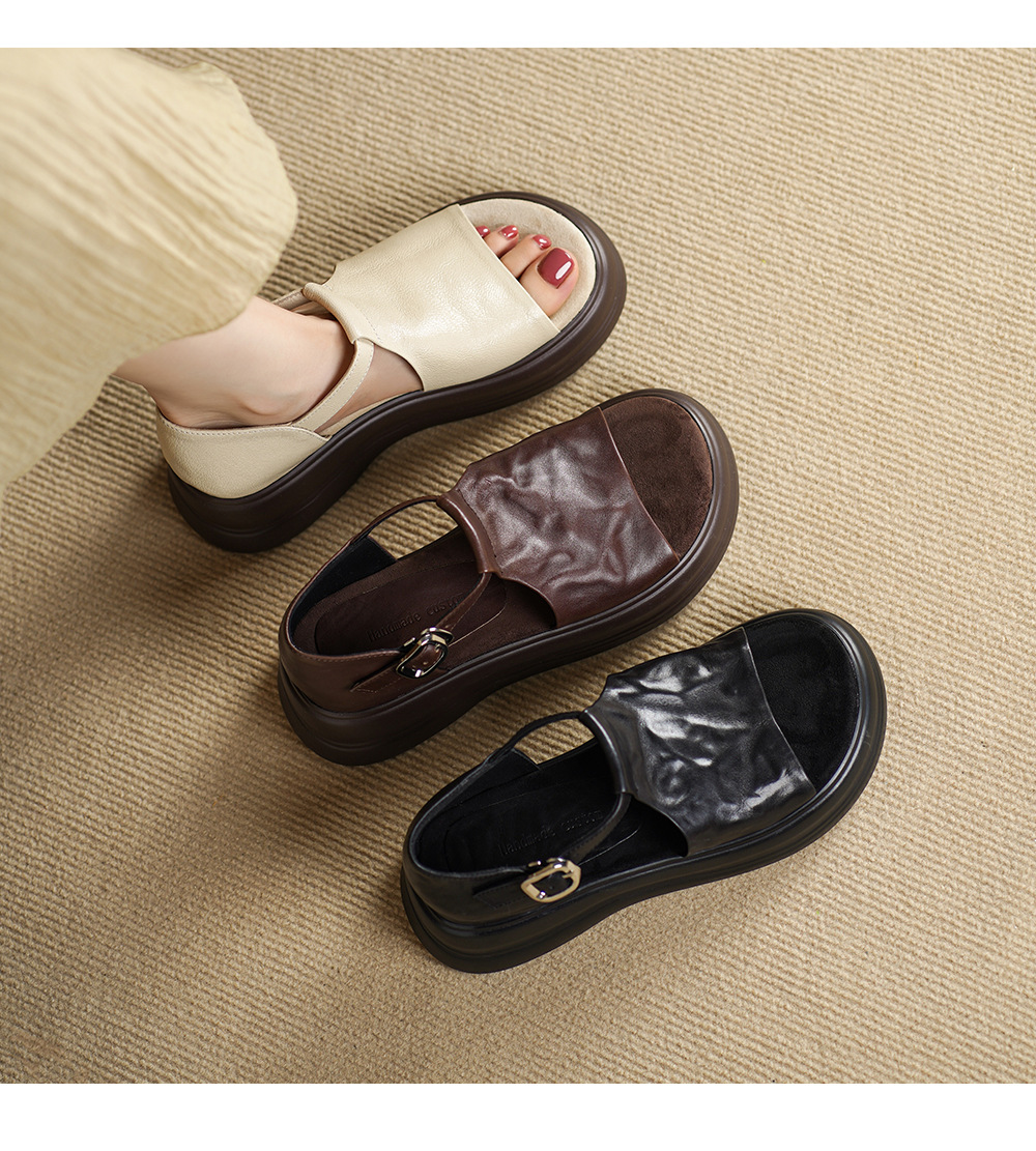 Sandal cao gót nữ hở mũi da bò đế dày quai ngang khóa — Khóa thắt lưng màu đen, Khóa thắt lưng màu nâu, Velcro màu mơ, Giấy dán ma thuật màu nâu chi tiết 1