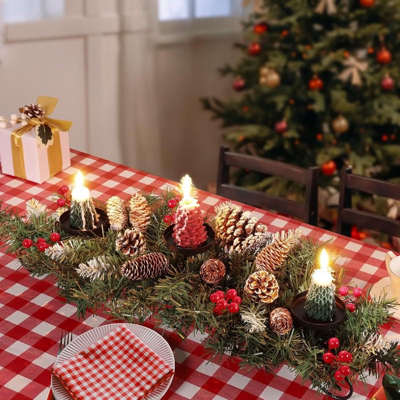 クリスマス燭台シミュレーションホリデーグリーンレッドフルーツ松葉 3 穴燭台キャンドルカップ装飾クリスマス燭台卸売|undefined