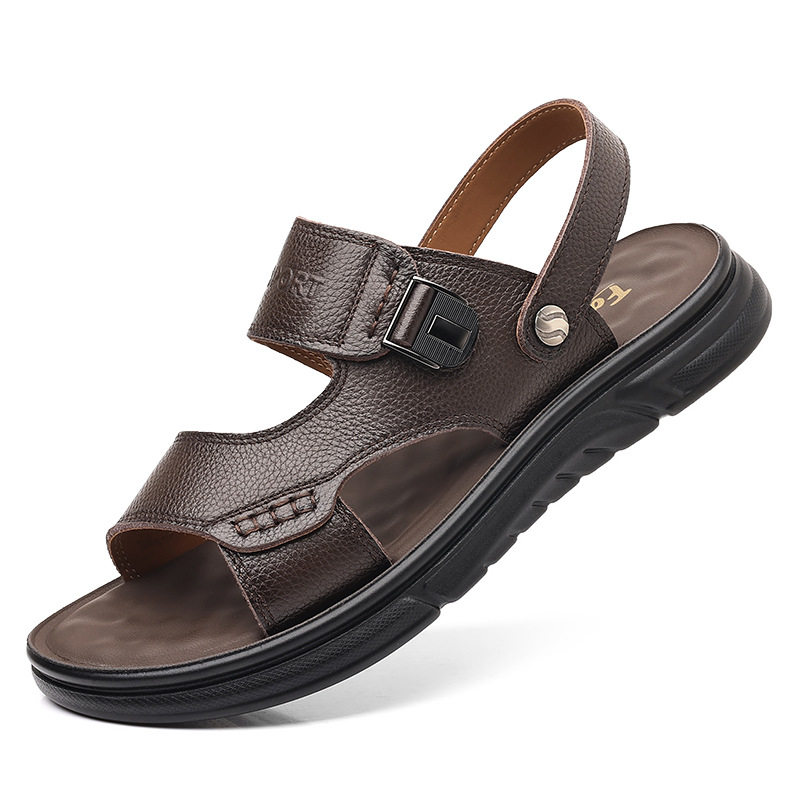 Dép sandal nam da bò thật hở ngón, đế mềm chống trượt, thoáng khí đi biển và sinh hoạt hằng ngày — 51218 Màu nâu, 51218 Màu đen