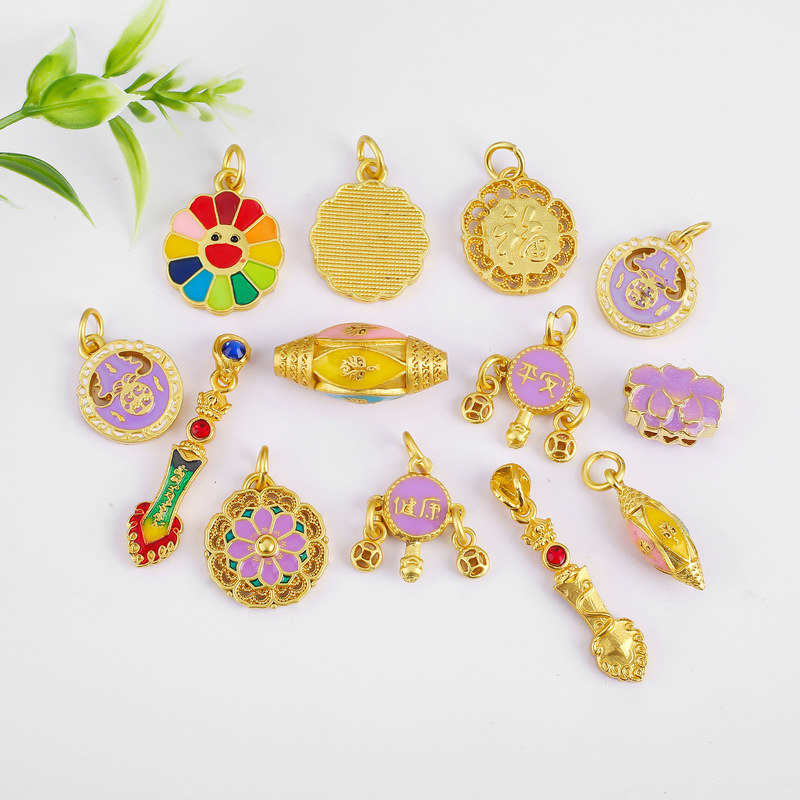 Ancient Blue Enamel Oil-Drip Peace and Health Lotus Pendant DIY Gold-Plated Bracelet Necklace Jewelry Accessories Materials Wholesale