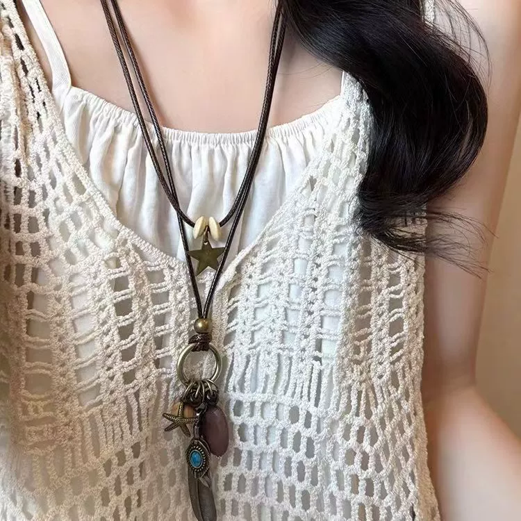 Long retro ethnic necklace, sweater, chain, accessory, Chinese style, ethnic style, boho style