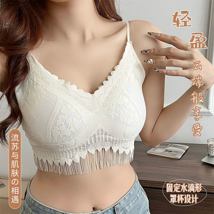 French Style Lace V-Neck Thin Tassel Beautiful Back Fixed Cup Push-up Anti-light Wearing Chest Wrapping Camisole Vest