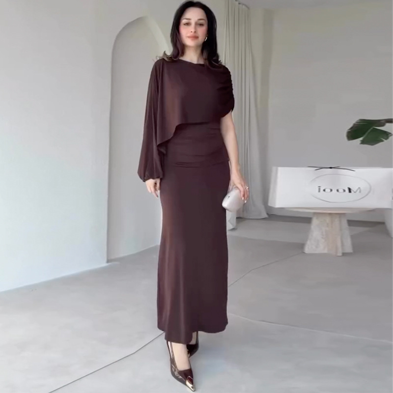 2026 Spring New European and American Cross-Border Style Elegant and Sophisticated Lady-Like Dress with Asymmetrical Patchwork Shawl, One Long and One Short Sleeve Long Dress