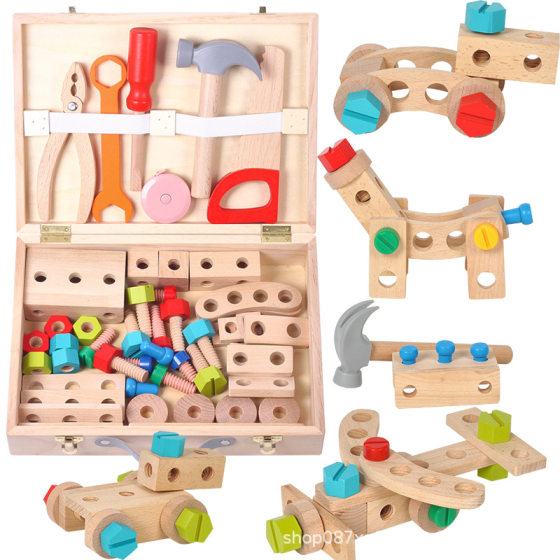 Cross-border children screw screw assembly boy wooden hands-on removable nut simulation DIY kit toolbox play