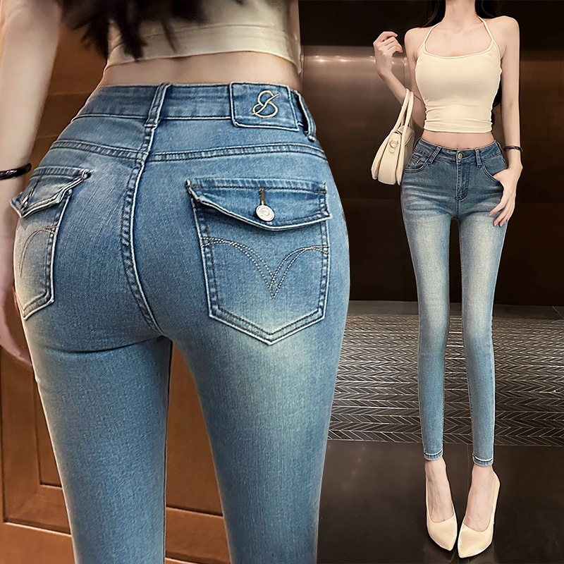 고양이 패턴 자수 한국 스타일 핫 걸 청바지 여성 2025 하이 웨이스트 탄성 타이트 슬리밍 엉덩이 리프팅 펜슬 9 점 바지