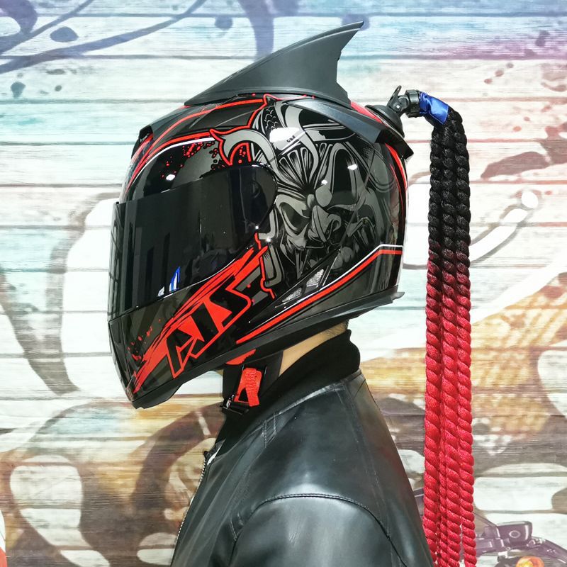 Leidezhu AIS Motorcycle Helmet Full Face Dual Lens Four Seasons Personality (Auto Parts and Accessories) - s-red-devil-tea-lens-horns